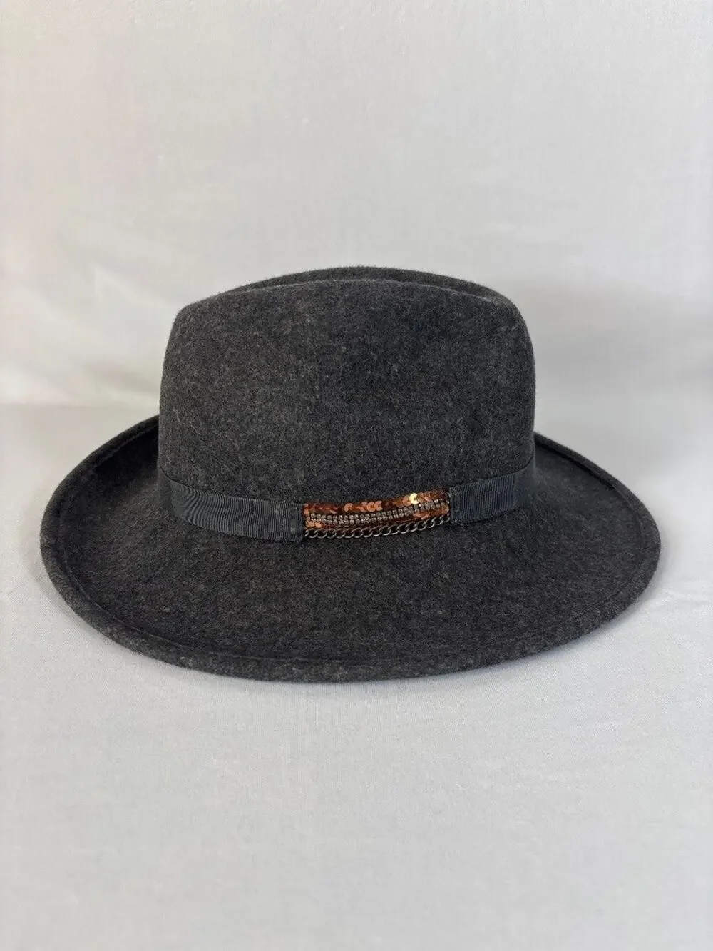 Giovannio New York Charcoal‎ Gray Wool Fedora Hat Classic Sequin Chain Band